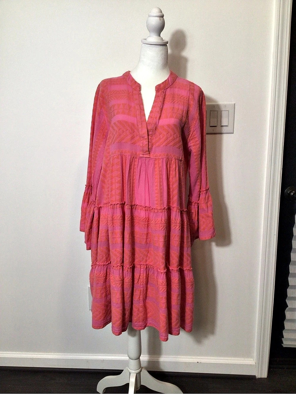 Devotion Twins Dress Geometric Tiered Mini Pink & Orange Medium